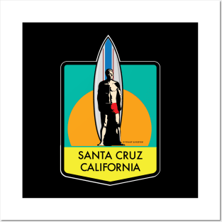 Santa Cruz California Surfer Statue Bill Lidderdale Sticker Sunset Lite Green Posters and Art